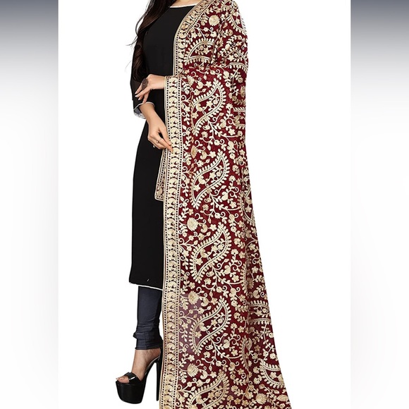 Women's Pure Georgette Embroidered Dupatta- Maroon - Picture 3 of 4